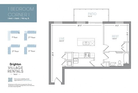 Floor plan for 1 bed, 1 bath, 762 sqft